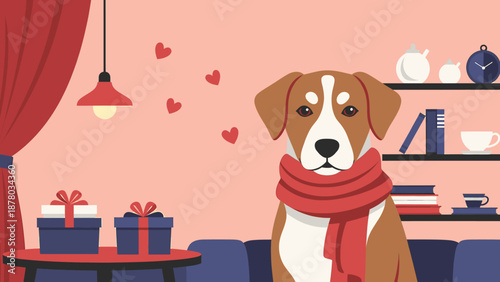 Cute dog wearing a red scarf, surrounded by gifts and hearts, festive holiday illustration