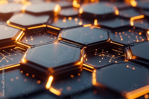High-tech close-up of interconnected hexagons with a digital glow, resembling a hive mind's cognitive network in an abstract, futuristic setting.