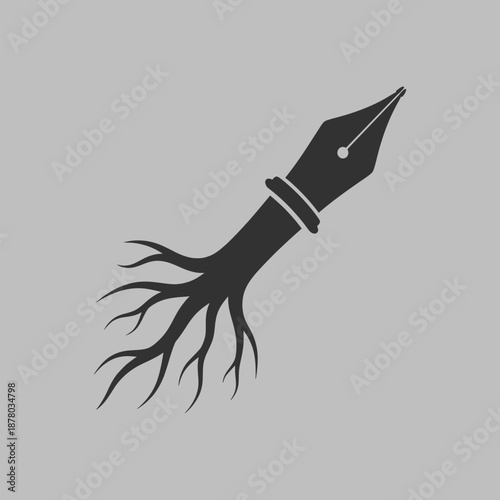 Illustration of a fountain pen nib with roots, symbolizing creative writing and literary art, viewed from a modern perspective.