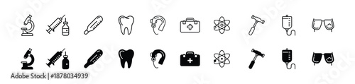 Essential medical and scientific outline icons representing health, research, and care- Medical Equipment & Symbols isolated on a white background
