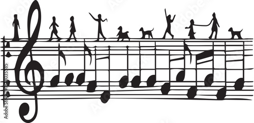 Silhouettes of people and dogs walking on musical staff with treble clef and notes de