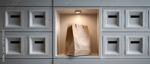 Brown paper bag placed in illuminated white cubbyhole surrounded by multiple closed white mailboxes in modern setting