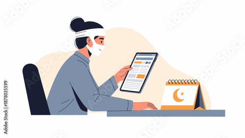 Contemporary illustration of a man engaged in remote digital work using a tablet, with an Islamic calendar nearby