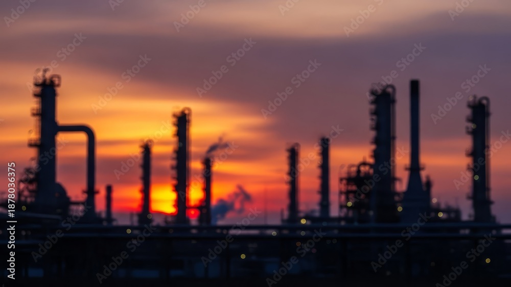 Fototapeta premium Industrial refinery silhouette at sunset with blurred background