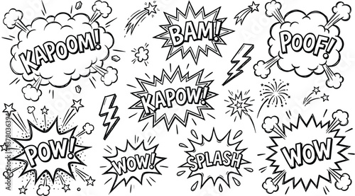 Comic Style Hand Drawn Sound Effect Words Explosion Speech Bubbles Set Featuring Kapow Bam Pow Wow Splash Pop Art Doodle Illustration For Creative Design Vector