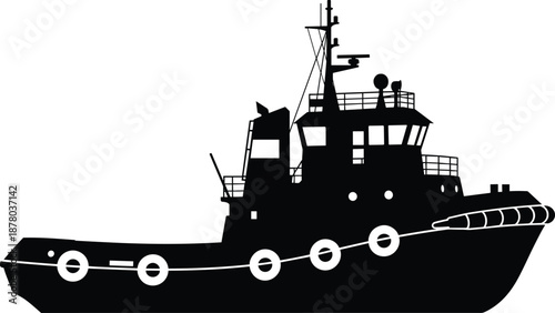 Detailed silhouette of a tugboat with bridge, antennas, lifebuoys, and fenders for nautical, transport, and marine design projects