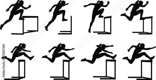 Sequence of hurdle jump silhouettes showing athletic motion and technique for sports training, fitness design, and motion analysis
