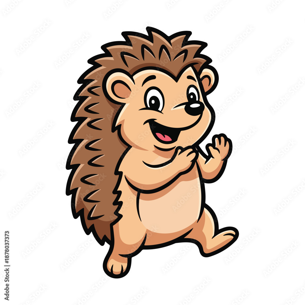 Fototapeta premium A happy cartoon hedgehog waving with a smile on its face standing