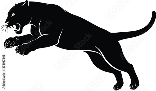 Silhouette of leaping panther with claws extended and mouth open, dynamic vector art symbolizing strength, stealth, and agility