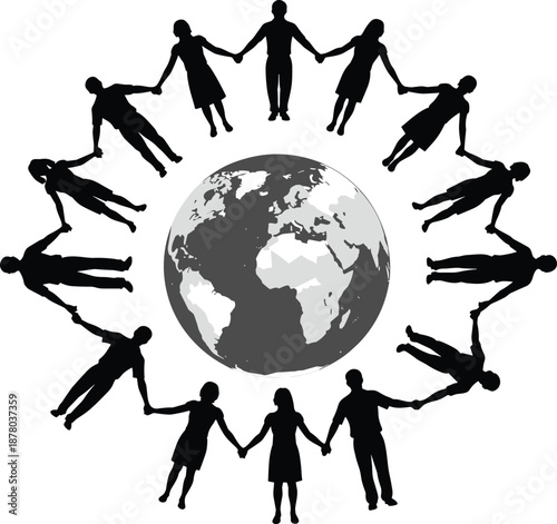 Silhouette of People Holding Hands Around Earth Depicting Global Unity, Peace, Cooperation, and Worldwide Human Connection