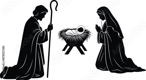 Silhouette of nativity scene with Mary, Joseph, and baby Jesus in manger isolated on white background for Christmas themes.