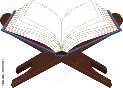 Silhouette of open book on traditional wooden stand, symbolizing religious study, spiritual reflection, and reverence for written knowledge.