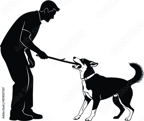 Silhouette of person and dog playing tug-of-war with stick, showcasing joyful interaction and companionship in black and white