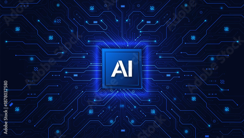 Concept of artificial intelligence. AI semiconductor on a circuit board  and electronic elements background. Machine learning and innovation. Quantum semiconductor. Vector illustration.
