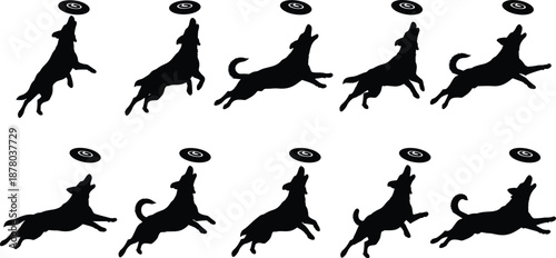 Silhouette sequence of dog jumping to catch frisbee, showing motion stages for animation, biomechanics, and action analysis