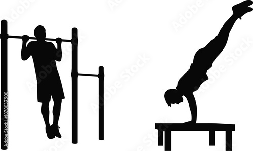 Silhouettes of athletes performing pull-up and one-arm handstand, bodyweight exercise vector art showcasing strength and balance training