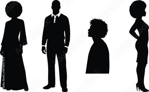 Silhouettes of Black men and women with Afro hairstyles, standing and in profile view, isolated vector figures set.