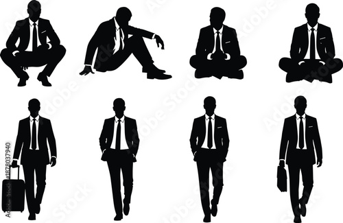 Silhouettes of business men in suits sitting, squatting, and walking with luggage, isolated vector poses for corporate travel.