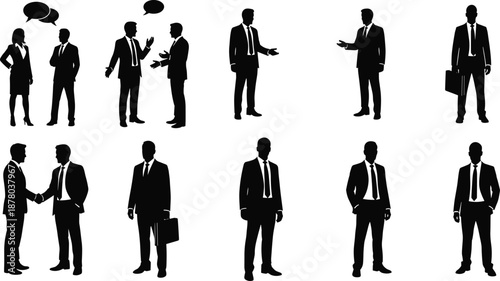 Silhouettes of Business Professionals in Formal Attire Engaged in Meetings, Conversations, Handshakes and Corporate Interaction PosesWeb
