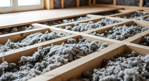 Loose-fill cellulose insulation in wooden floor joists, grey fluffy texture, eco-friendly thermal barrier installation against unfinished attic or subfloor backdrop