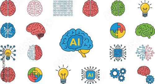 Collection of colorful icons representing artificial intelligence concepts including various brain styles circuitry technology and bright idea lightbulbs