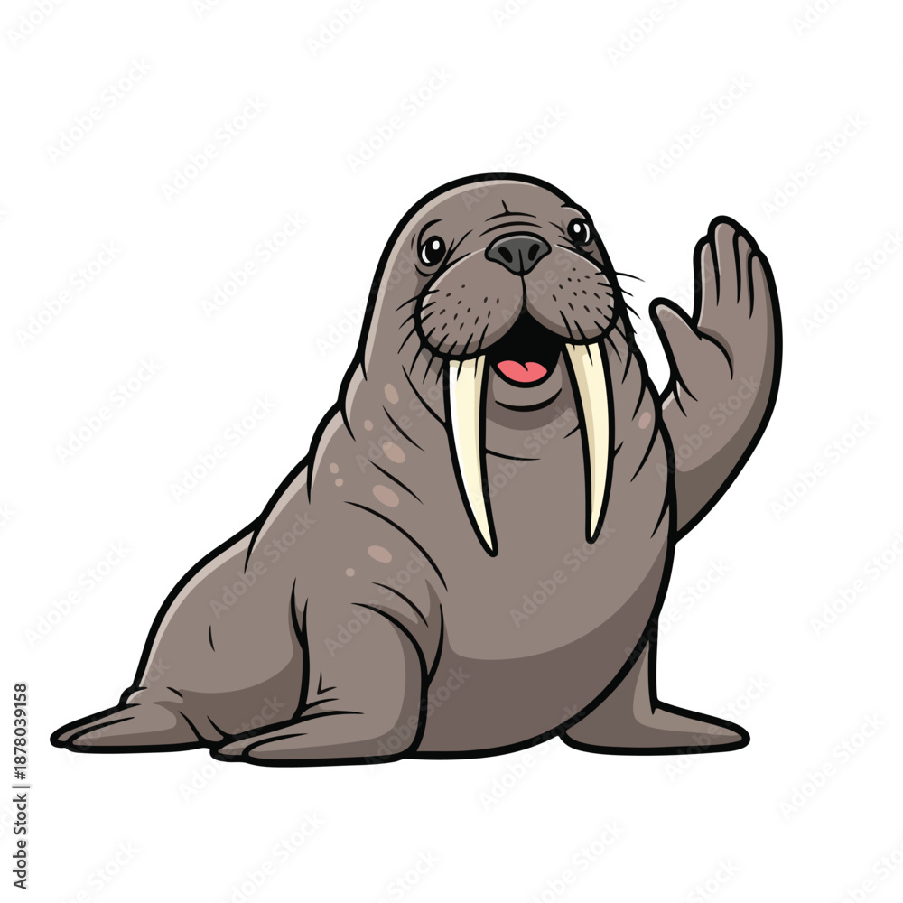Fototapeta premium Friendly walrus waving with open mouth and tusks