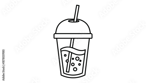 A black and white line drawing of a cold drink with a straw and bubbles