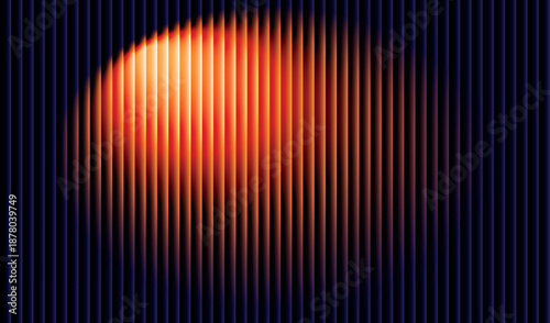 Abstract background with vertical lines and a bright orange spotlight effect, dramatic dark blue curtain texture, modern digital art