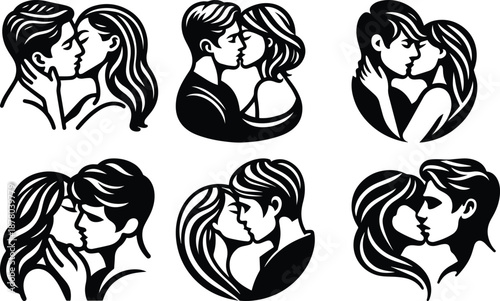 Valentine day couple kissing each other bundle silhouette icon vector art illustration