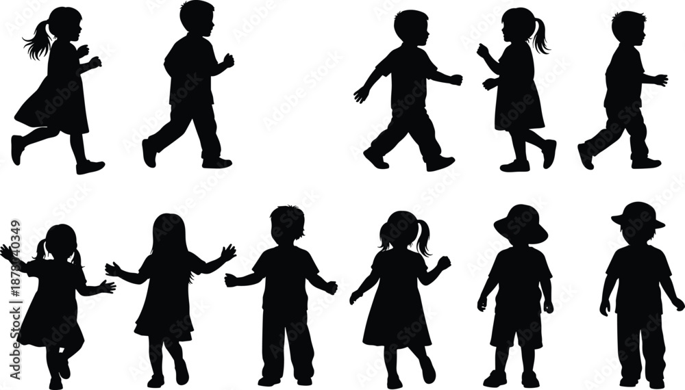 Fototapeta premium Silhouettes of Diverse Children in Walking, Running, and Standing Poses for Educational, Family, School, Playground, or Activity-Based Vector Designs