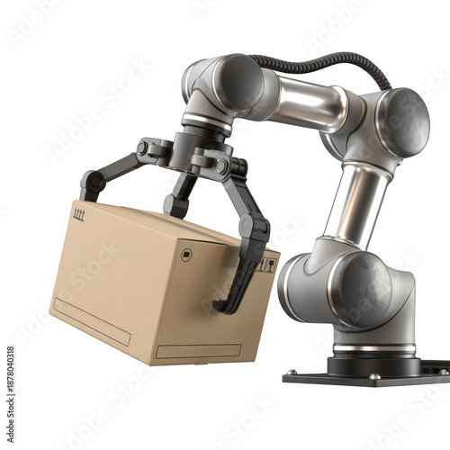 Robotic arm holding cardboard box automation industry isolated on a transparent background