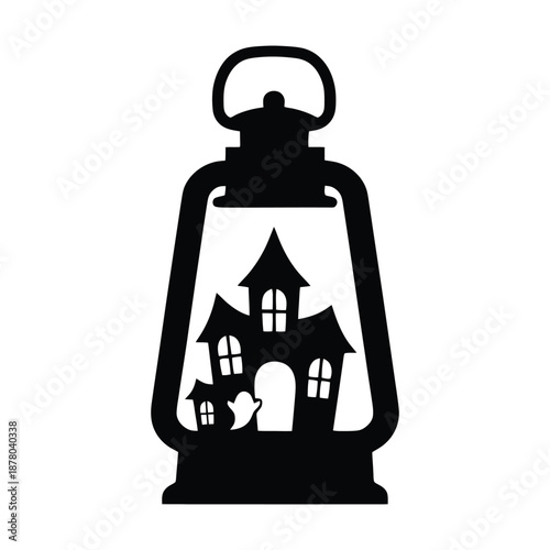 Black silhouette of a lantern with a haunted house scene inside