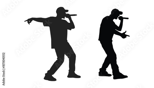 Two silhouetted men performing with microphones in hand energetically