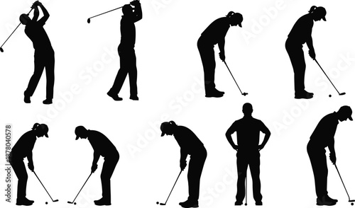 Silhouettes of Golfer in Swing and Putting Poses for Sports, Training, Fitness, Recreation, or Golf Technique Vector Illustration Use