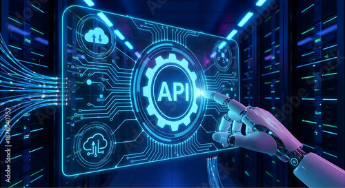 Obraz na płótnie Futuristic API Interface Concept with Robotic Hand Touching Digital Screen in Data Center