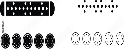 Black And White Vector Illustration Of Simple Sausage Or Hot Dog Shapes Featuring Minimalist Dotted Patterns And Solid Silhouettes For Food Branding And Design