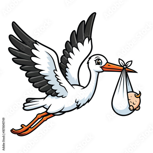 cartoon stork flying with baby in cloth bundle