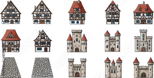 Medieval village architectural set with half timbered houses stone castles cobblestone roads and defensive tower icons