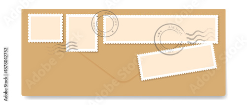 Kraft envelope with vintage stamps and postmarks, Postage stamps vintage rough seals, Letter stamps with perforated edges.