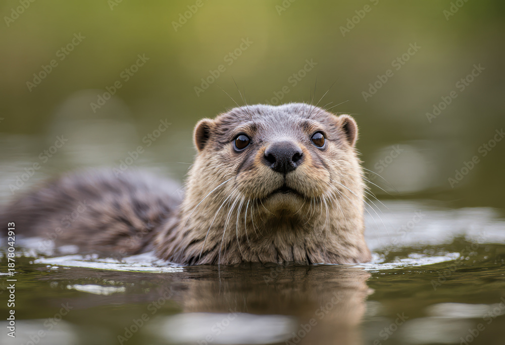 Fototapeta premium Otter swimming in clear water surrounded by green foliage