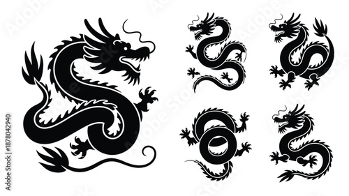 Black dragon silhouette vector for Chinese Lunar New Year, traditional zodiac dragon symbol isolated on white background