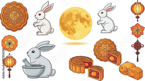 Mid autumn festival elements mooncakes rabbits lanterns moon and floral ornaments vector illustration