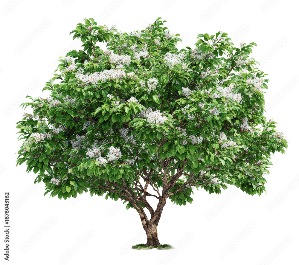 Obraz premium Blossoming Tree with White Flowers and Green Foliage