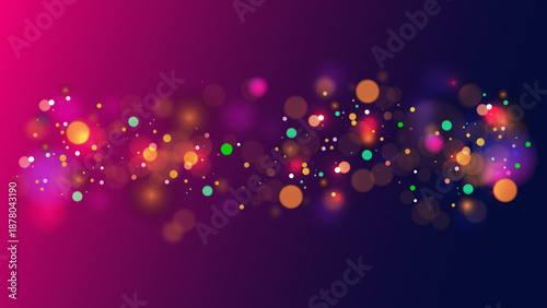 Abstract vibrant bokeh lights on a dark purple background creating a dynamic effect