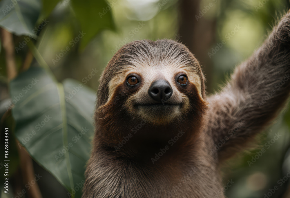 Obraz premium Curious Sloth Reaching Up in Tropical Forest