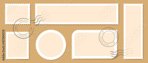 Postage stamp blank frame collection of various shapes ,Postage stamps vintage rough seals, Postage stamp blank template collection. Letter stamps with perforated edges.