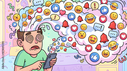 A cute cartoon illustration of a person's head exploding with a cloud of emojis and social media icons due to digital information overload.