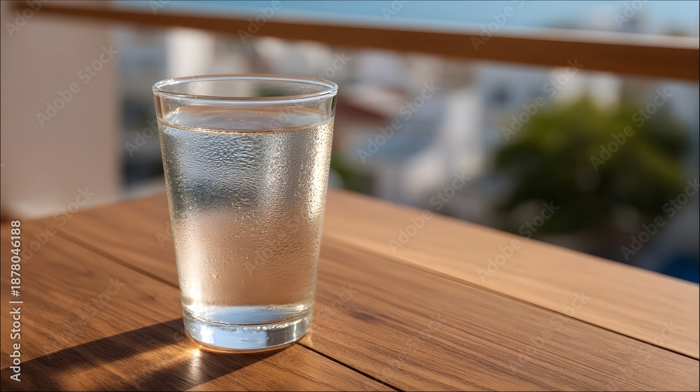 Obraz premium A chilled glass of water covered in condensation rests on a wooden table on a bright day with a blurred outdoor view