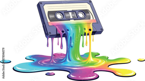 Retro 80s cassette tape melting into a vibrant rainbow colored puddle dripping colorful liquid nostalgia music concept artwork