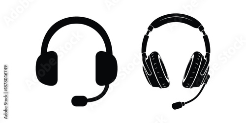 headphones icon. Two black silhouette icons of headsets with microphones for communication and technology